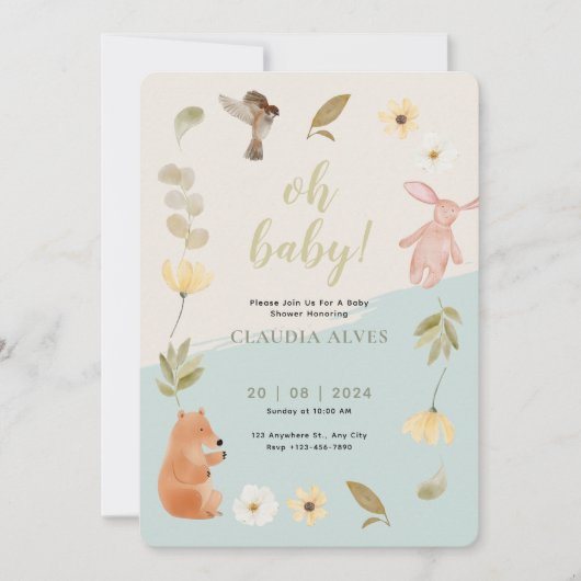 クリームグリーン水彩 ベビーシャワーおめでとうございます 招待状 (正面)