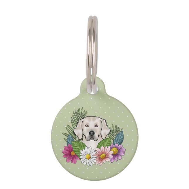 クリームゴールデンレトリバーカラフルドグフラワーグリーン ペット　ネームタグ (正面)