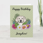 クリームゴールデンレトリバーカラフルフラワーズ誕生日 カード (正面)