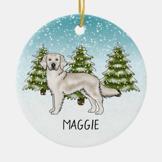 クリームゴールデンレトリバードッグ名前をカスタムするクリスマス セラミックオーナメント (正面)