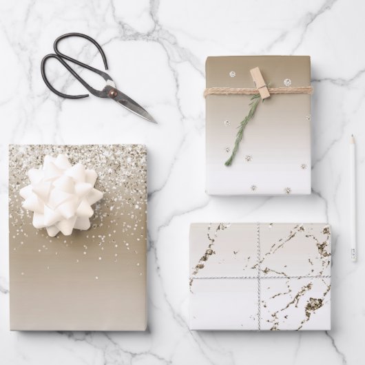 クリームゴールドグリッツグリッター ブライダルシャワー ラッピングペーパーシート (正面)