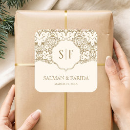 クリームゴールドレースモノグラムウェディングギフト スクエアシール