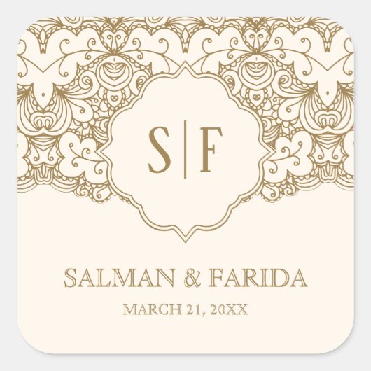 クリームゴールドレースモノグラムウェディングギフト スクエアシール (正面)