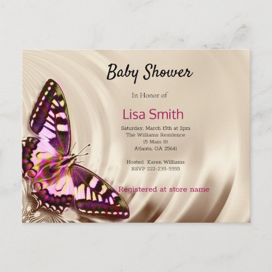 クリームサテンの背景のピンクの蝶 インビテーションポストカード (正面)