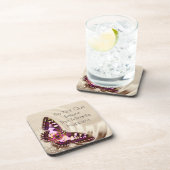 クリームサテンの背景のピンクの蝶 コースター (右側)