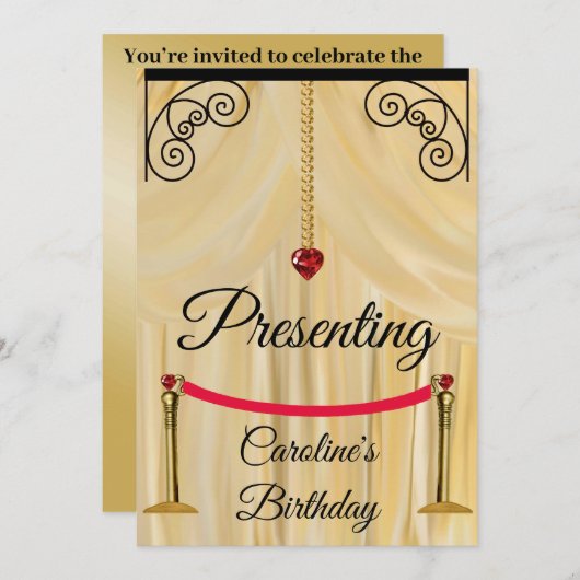 クリームシルクシアターカーテン誕生日 招待状 (正面/裏面)