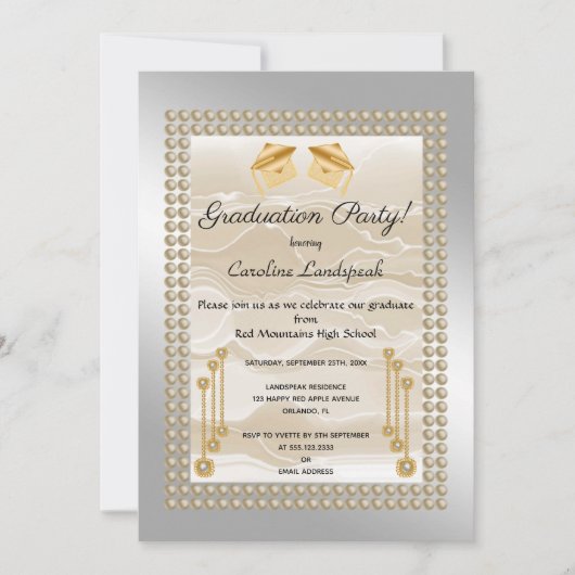 クリームシルク&パール卒業シルバーメタリック 招待状 (正面)