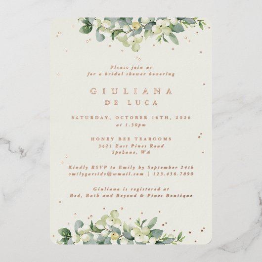 クリームスエレガントノーベリー+ユーカリブライダルシャワー 箔招待状 (正面)