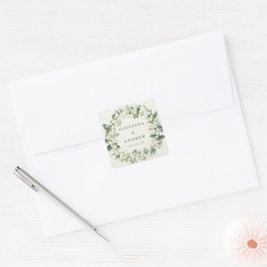 クリームスエレガントノーベリー+ユーカリリース結婚ズ スクエアシール (封筒)