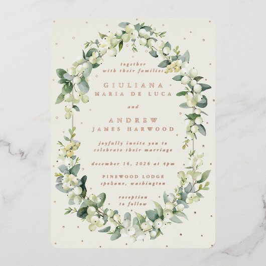 クリームスエレガントノーベリー+ユーカリ冬の結婚式 箔招待状 (正面)