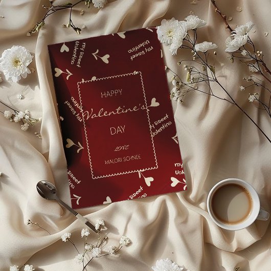 クリームスクリプトハート on バーガンディ - バレンタインパターン シーズンカード