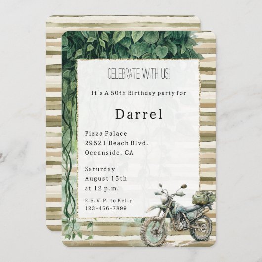 クリームストライプズバイクアイビージャングル誕生日 招待状 (正面/裏面)