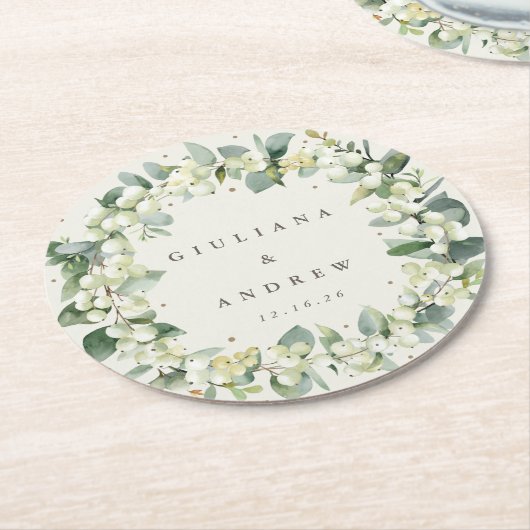 クリームスノーベリー&ユーカリ冬の結婚式 ラウンドペーパーコースター (アングル)