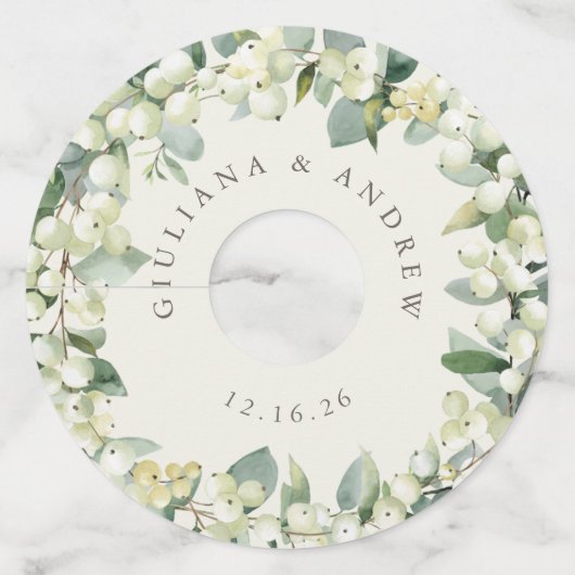 クリームスノーベリー&ユーカリ冬の結婚式 ワイングラスタグ (正面)