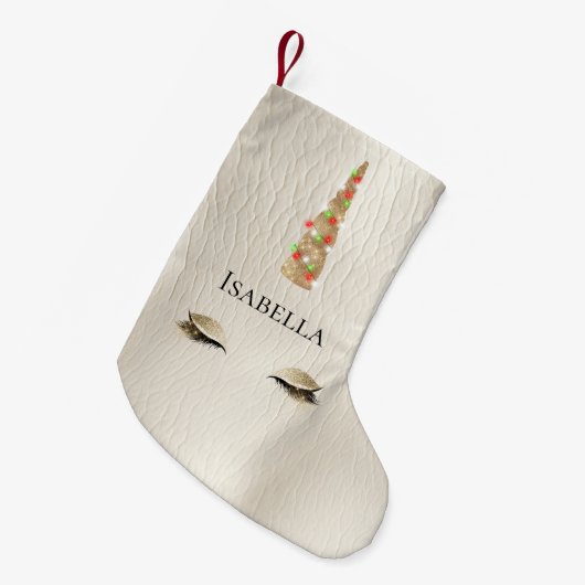 クリームスパークル金ゴールドグレームユニコーンライト スモールクリスマスストッキング (正面 (吊り時))