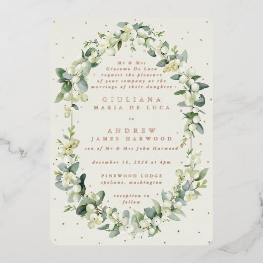 クリームスフォーマルエレガントノーベリー+ユーカリ結婚ス 箔招待状 (正面)
