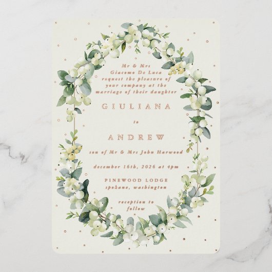 クリームスフォーマルノーベリー+ユーカリ冬の結婚式 箔招待状 (正面)