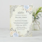 クリームソフトブルー素朴フローラレースムスリム結婚ズ 招待状 (スタンド正面)