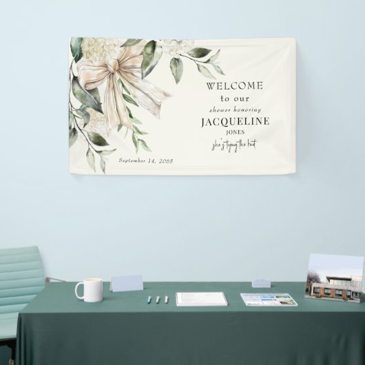 クリームタイイングザノットボウあじさいシャワーウェルカム 横断幕 (トレードショー)
