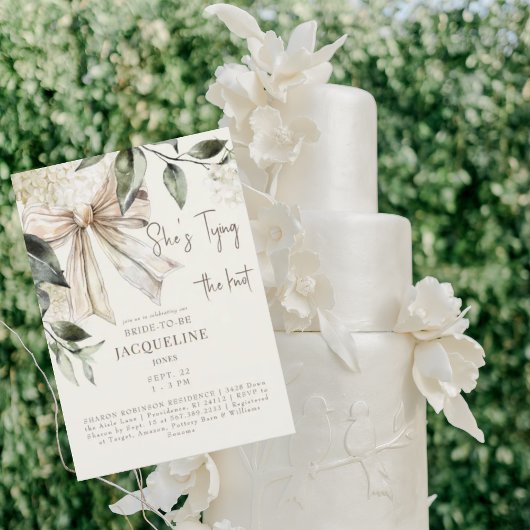 クリームタイイングザノットボウウェディングシャワー 招待状