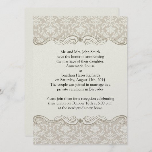 クリームタン ダマスク スワールズ ポストウェディング 招待状 (正面/裏面)