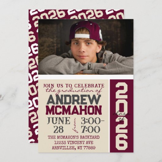 クリームタン&バーガンディ卒業写真招待状 招待状 (正面/裏面)