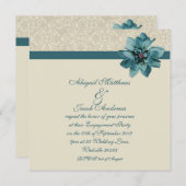 クリームダマスク及びティール（緑がかった色）ブルー婚約パーティ招待状 招待状 (正面/裏面)