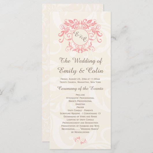 クリームダマスク淡い色の結婚式プログラムのピンクの渦巻き プログラム (正面/裏面)