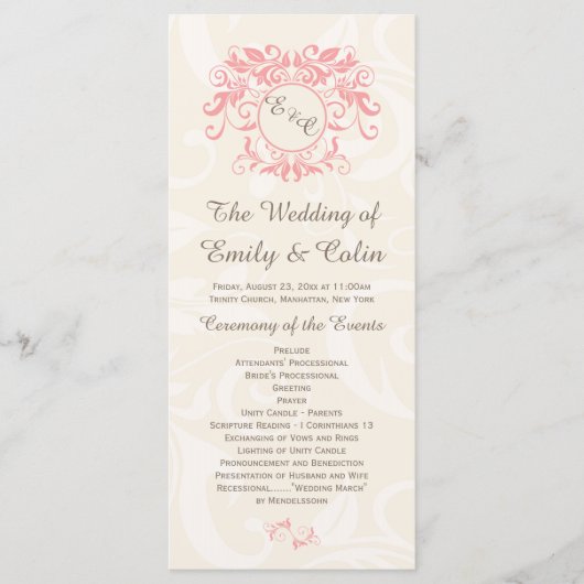 クリームダマスク淡い色の結婚式プログラムのピンクの渦巻き プログラム (正面)