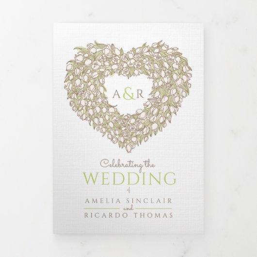 クリームチューリップブラウンインクアートハートモノグラム結婚ズ 三つ折り招待状 (カバー)