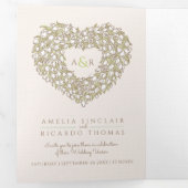 クリームチューリップブラウンインクアートハートモノグラム結婚ズ 三つ折り招待状 (内部最初)