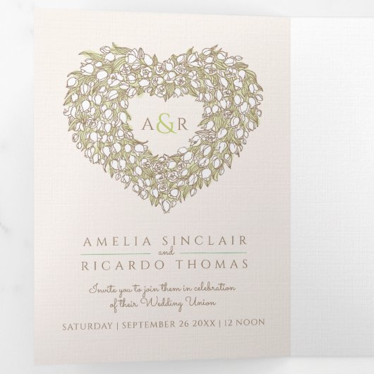 クリームチューリップブラウンインクアートハートモノグラム結婚ズ 三つ折り招待状 (内部最初)