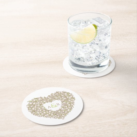 クリームチューリップリースインクスケッチモノグラム結婚ズ ラウンドペーパーコースター (インサイチュ)