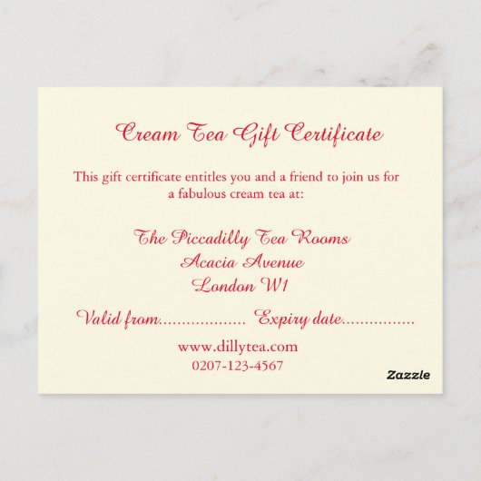 クリームティーギフト券はがき ポストカード (裏面)