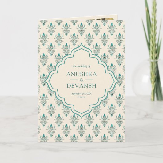クリームティール(緑がかった色)イカットオールインワンインディアン結婚 招待状 (正面)