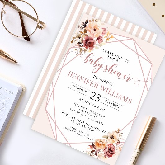 クリームテラコッタフローラ赤ちゃんシャワー招待 招待状