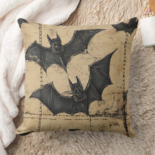 クリームデニムグランジパッチワークとこうもり クッション (ブランケット)