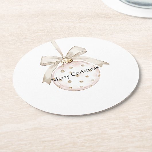 クリームドットボウオーナメントクリスマス ラウンドペーパーコースター (アングル)