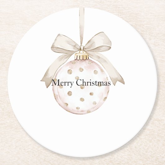 クリームドットボウオーナメントクリスマス ラウンドペーパーコースター (正面)