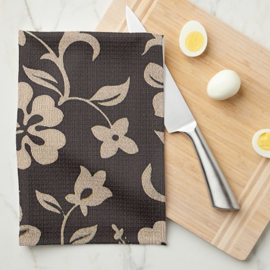 クリームハイビスカスフラワーオンブラウン1 キッチンタオル (四つ折り)