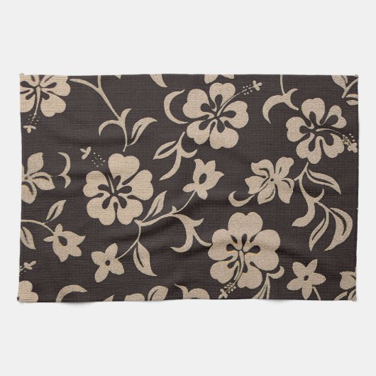 クリームハイビスカスフラワーオンブラウン1 キッチンタオル (横)