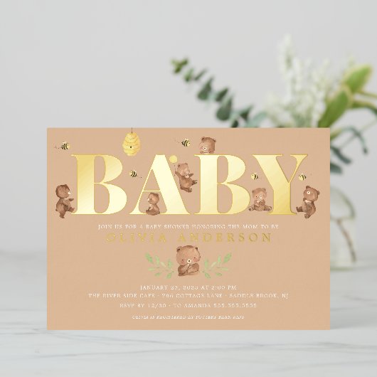 クリームハニーベアーベビーシャワー招待状 箔招待状 (立ち正面)