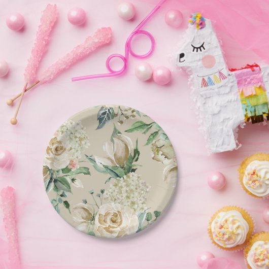 クリームバラあじさいベージュウォーター色 ペーパープレート (パーティー)