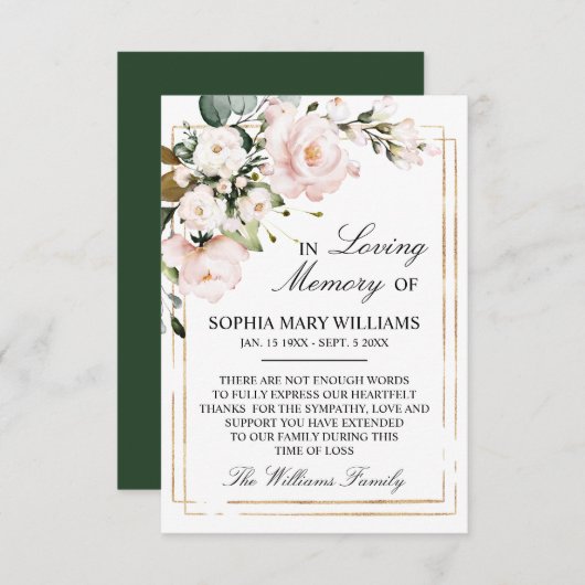 クリームバラとグリーン葉悔やみや弔慰メモリ サンキューカード (正面/裏面)