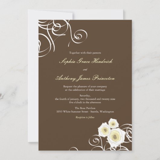 クリームバラと渦巻エレガントきロマン結婚ティック 招待状 (正面)