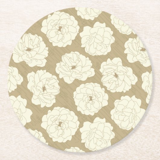 クリームバラオンゴールデンベージュ – シームレスパターン。 ラウンドペーパーコースター (正面)