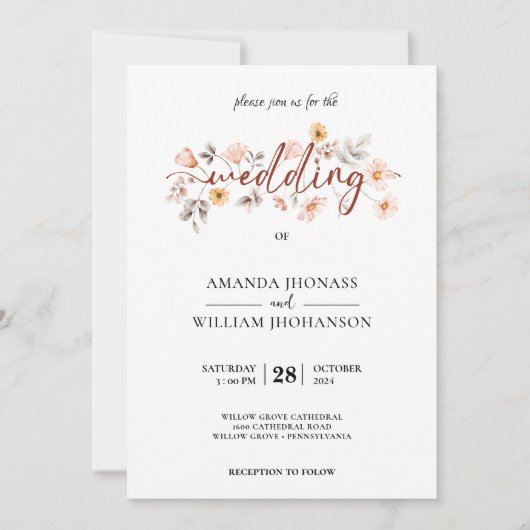 クリームバラボタニカルパンパスグラスボホ結婚ズ 招待状 (正面)