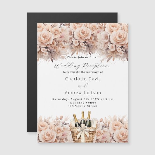 クリームバラワインバスケット豪華ウェディングレセプション マグネット招待状 (正面/裏面)