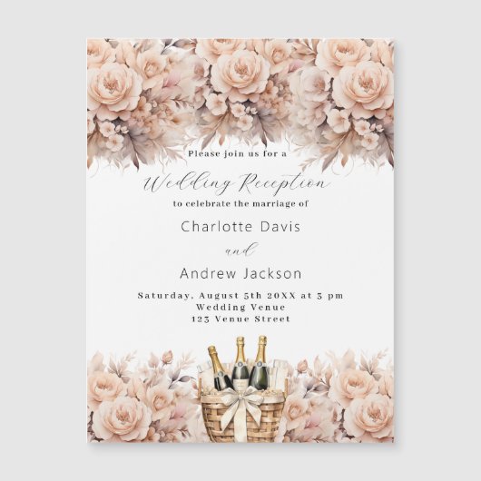 クリームバラワインバスケット豪華ウェディングレセプション マグネット招待状 (正面)
