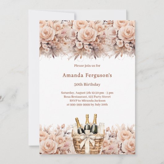 クリームバラ花模様ボホ誕生日 招待状 (正面)